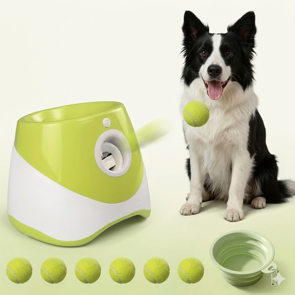 Automatic Dog Ball Launcher Self-Play Indoor Outdoor Fetch Machine with 6 Soft Balls